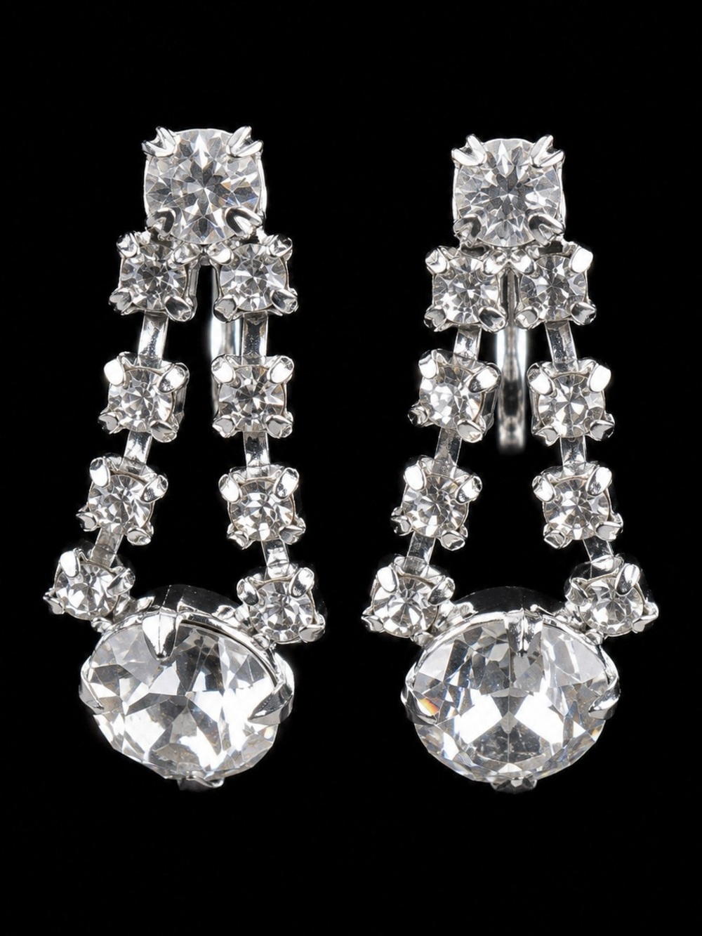 Vintage Clear Faceted Stone Drop Screw Back Clip On Earrings Silver Tone